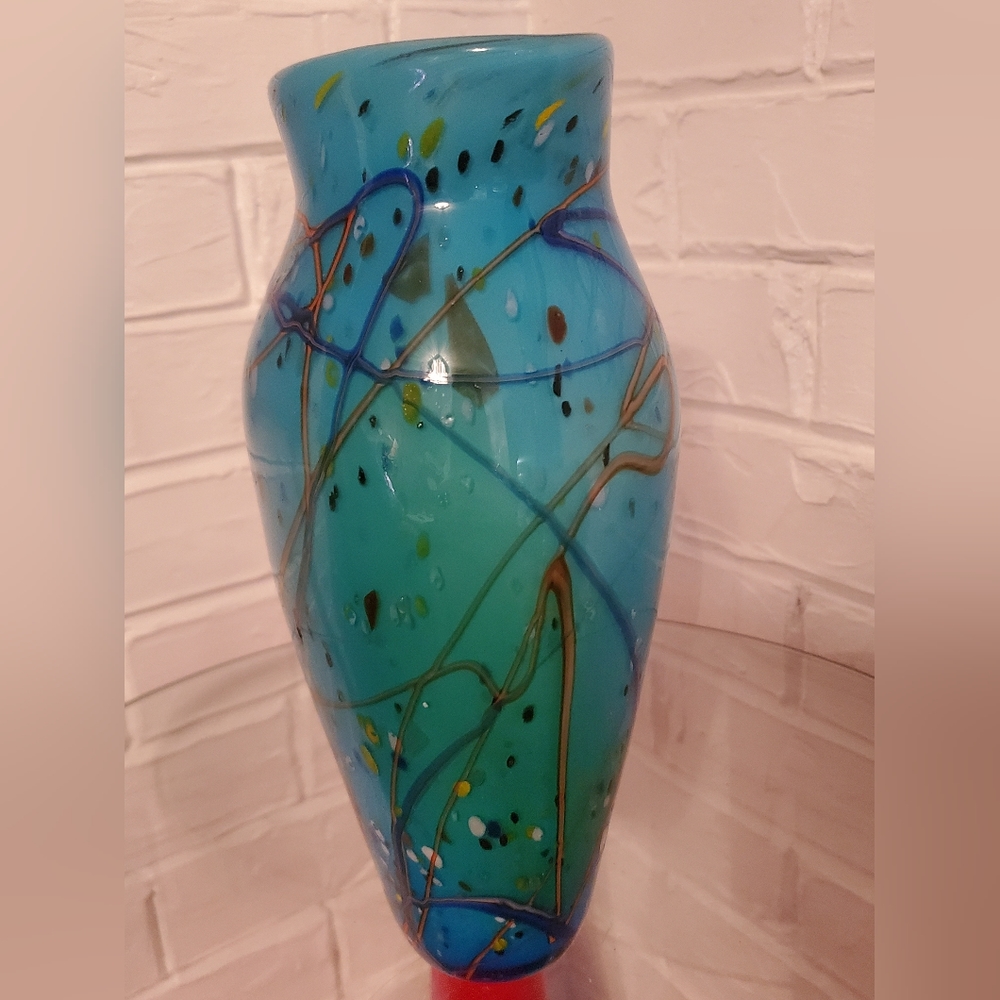 Postmodern Vintage 90s hand blow Studio Art Glass aque blue abstract vase - Picture 5 of 16